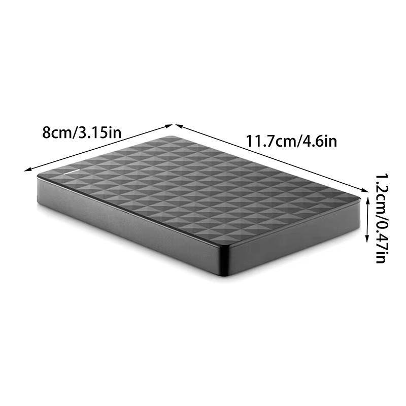 Svart extern hårddisk med geometriskt mönster och USB-kabel