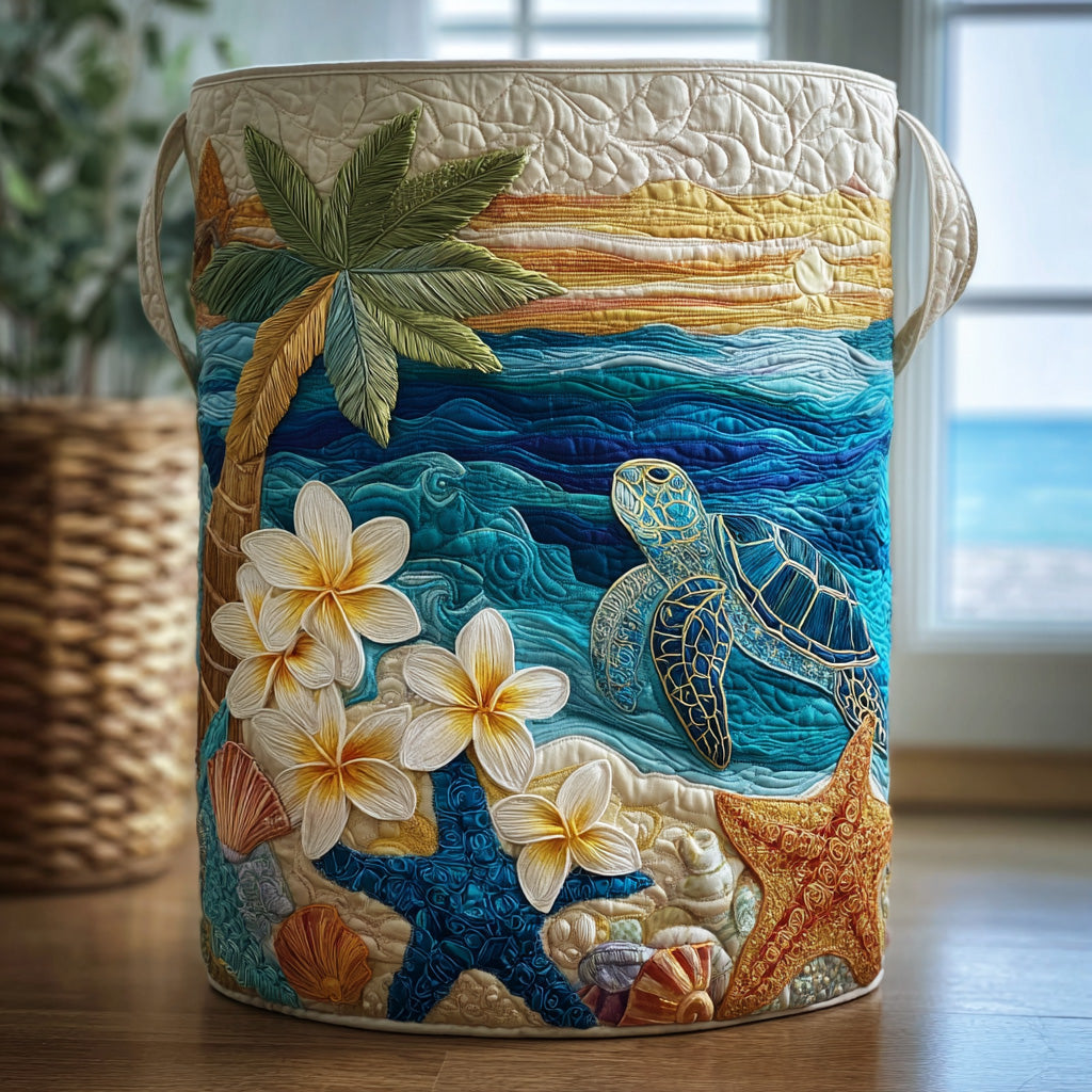 Quiltad blå tvättkorg med havsmotiv, sköldpaddor och bärhandtag