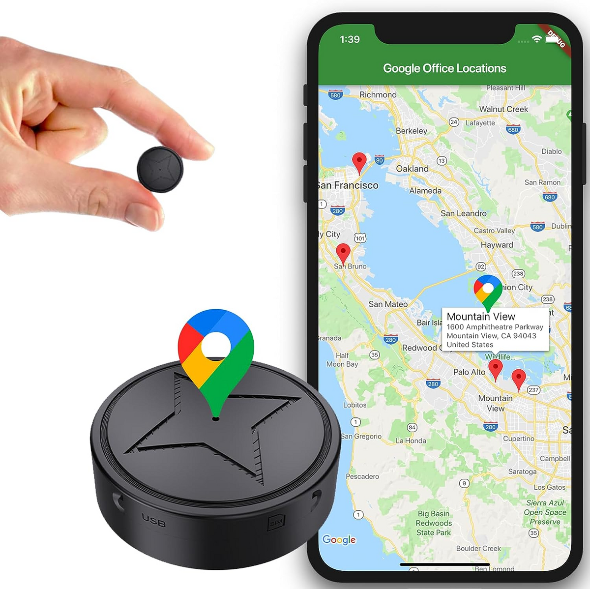 Svart rund magnetisk GPS-spårare med USB-anslutning och SIM-plats