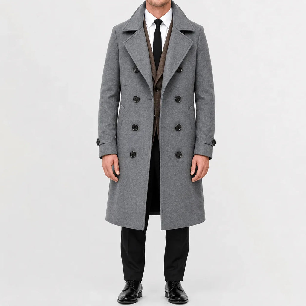 Dubbelknäppt trenchcoat med slagkrage, sidfickor och långa ärmar