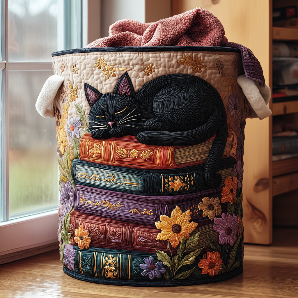 Quiltad tvättkorg med kattmotiv, blommor och sidhandtag