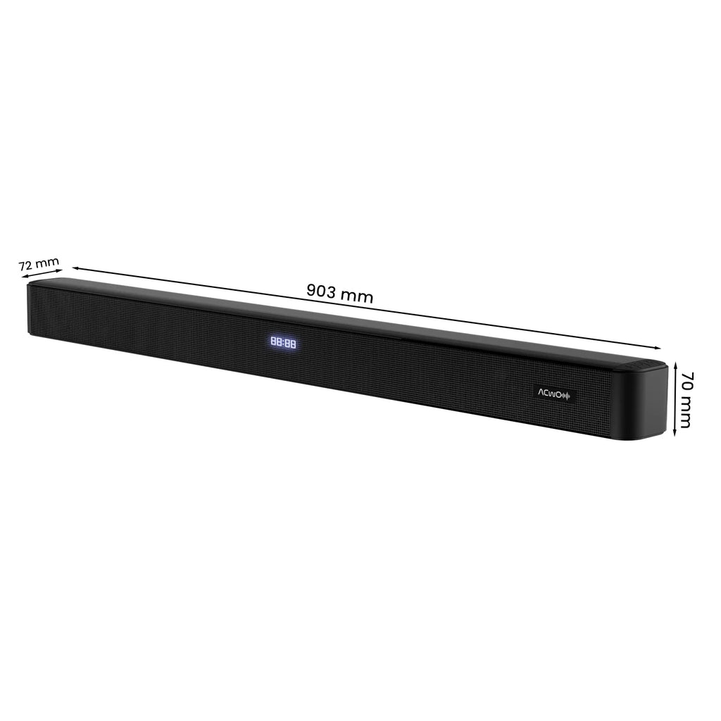 Svart ljudsystem med soundbar, subwoofer och fjärrkontroll