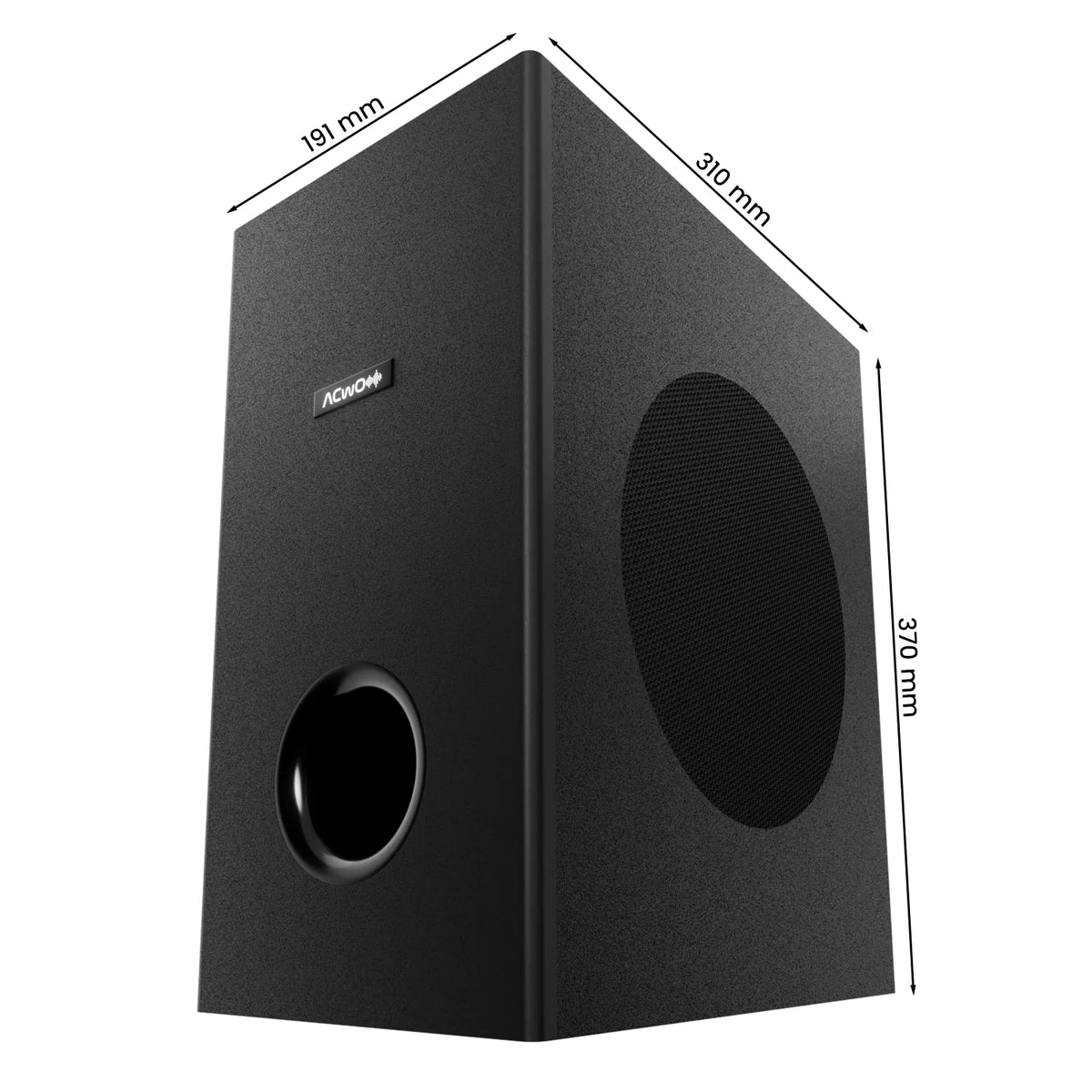 Svart ljudsystem med soundbar, subwoofer och fjärrkontroll
