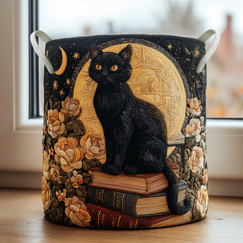 Quiltad tvättkorg med kattmotiv, blommor och sidhandtag