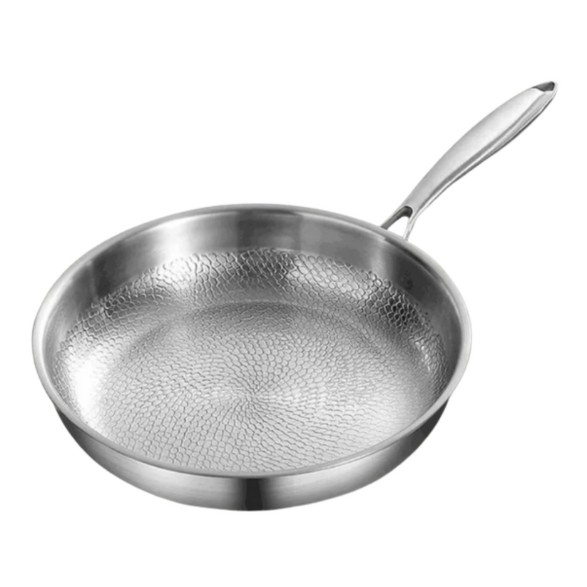 Silverfärgad stekpanna med strukturerad stekyta och långt handtag