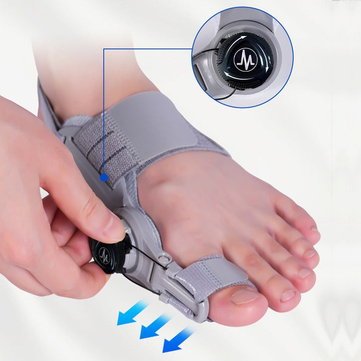 Grått hallux valgus-stöd med fotrem, tårem och vridbar justering