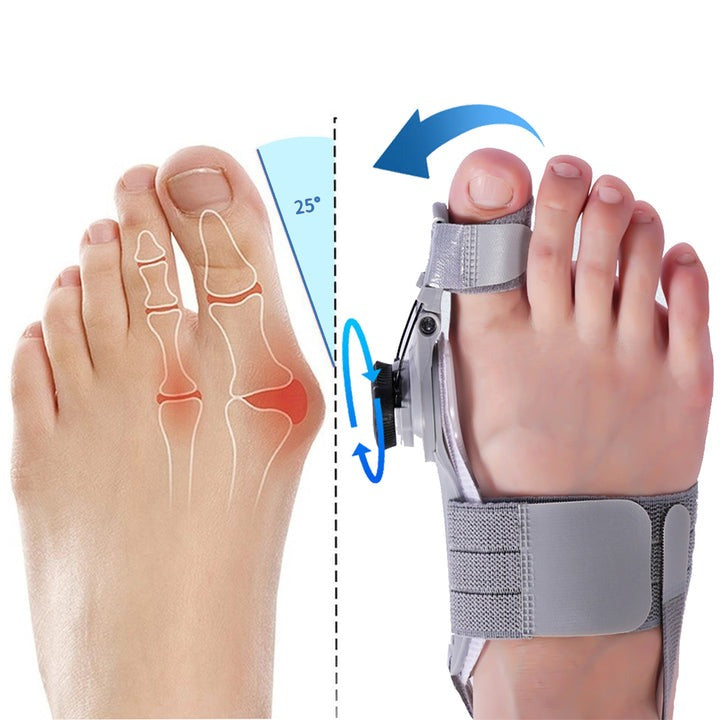 Grått hallux valgus-stöd med fotrem, tårem och vridbar justering