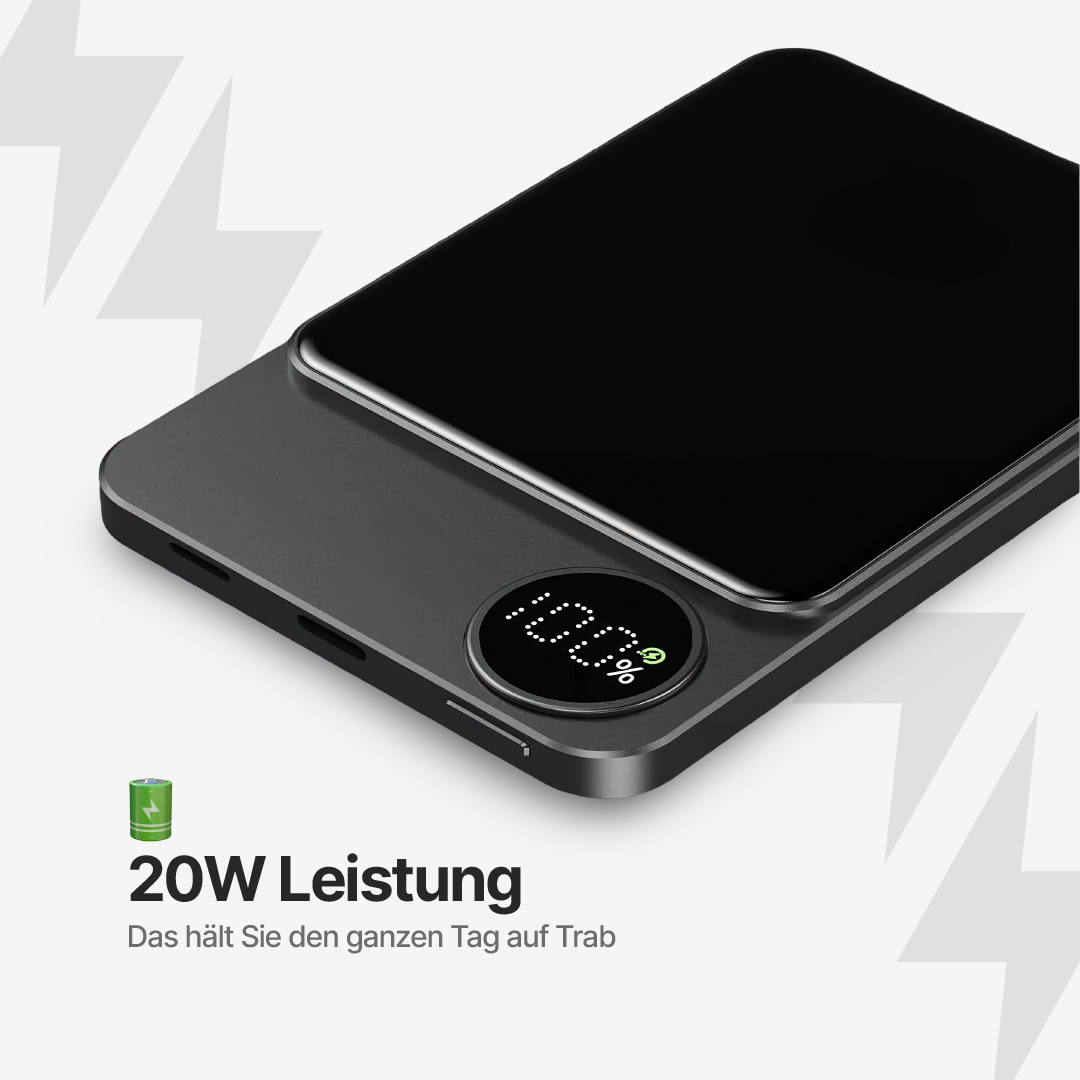 Rymdgrå ultratunn powerbank med magnetisk trådlös laddning och digital batterivisning