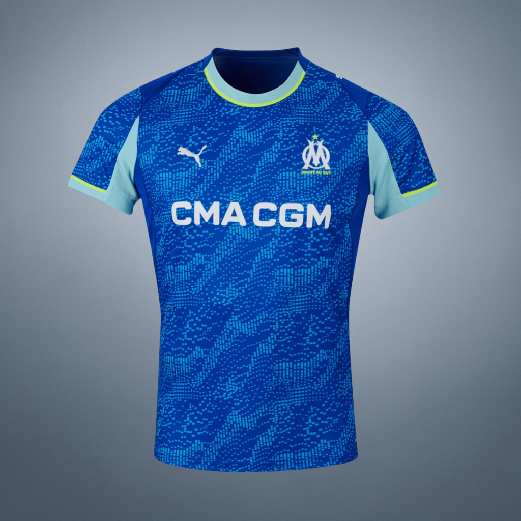 Blå Olympique de Marseille-fotbollströja med kort ärm och digitalt mönster