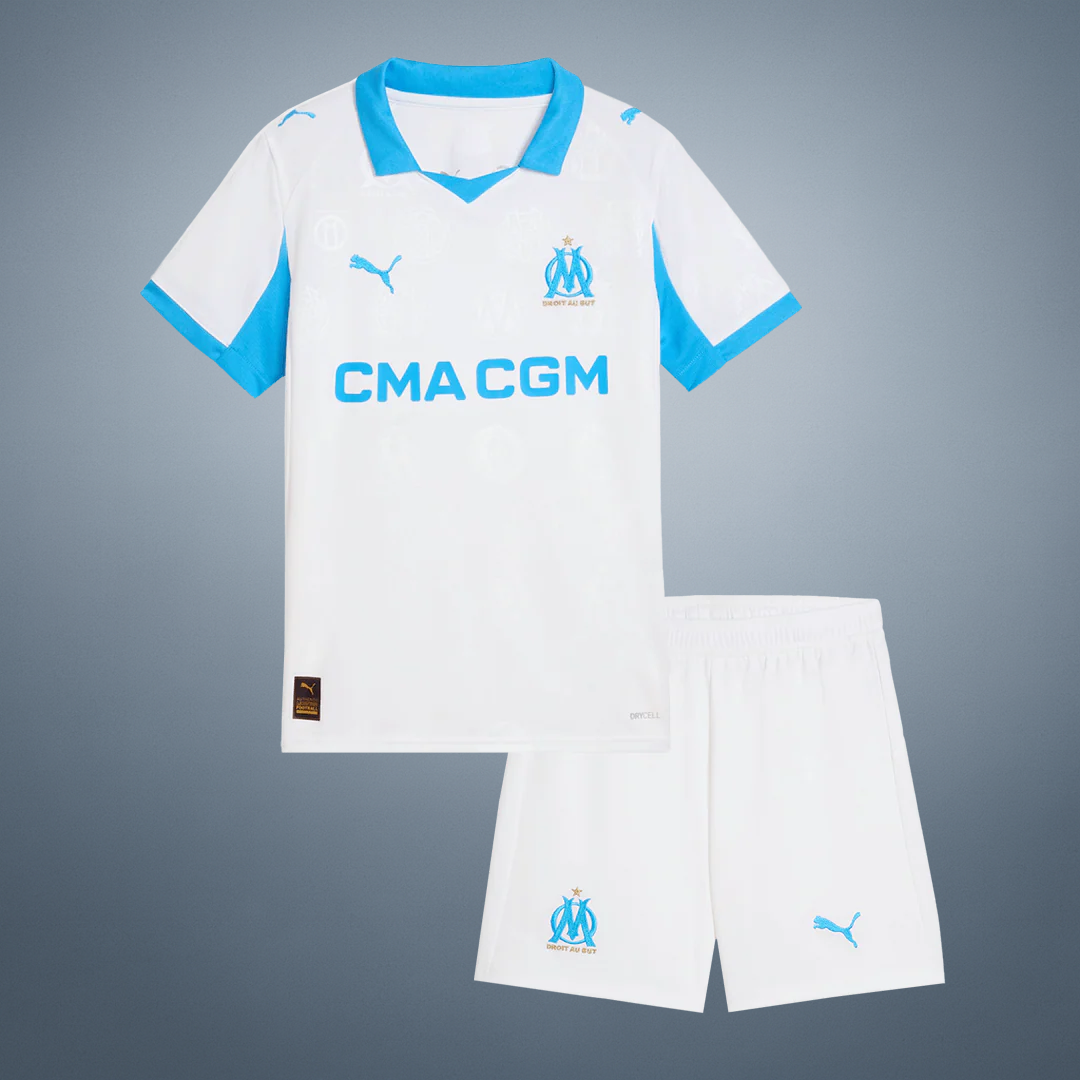 Vitt Olympique de Marseille-fotbollsställ för barn med blå detaljer, tröja och shorts