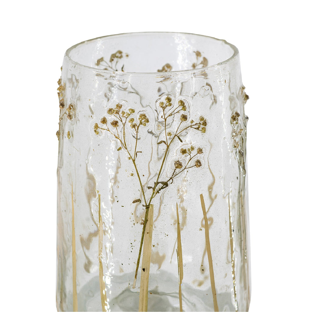 Transparent glasvas med botaniskt mönster och dekorativa ränder