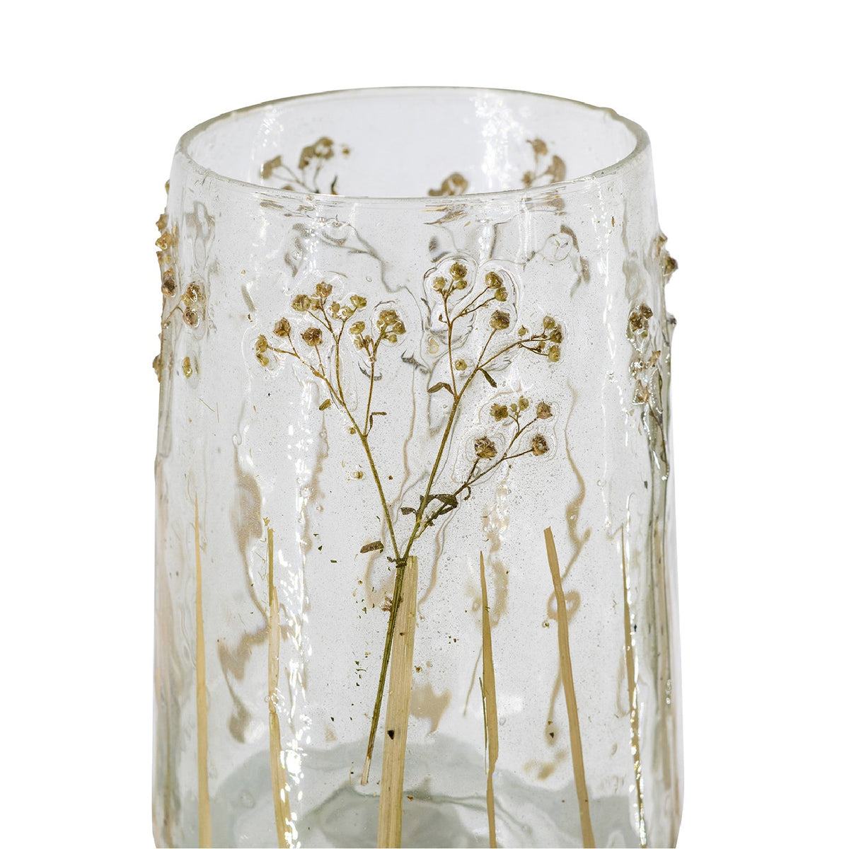Transparent glasvas med botaniskt mönster och dekorativa ränder