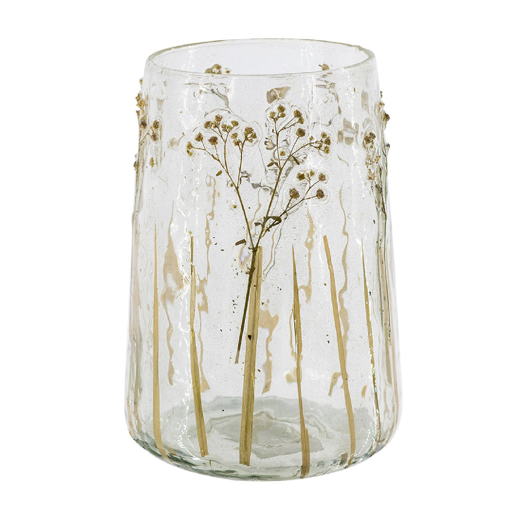Transparent glasvas med botaniskt mönster och dekorativa ränder