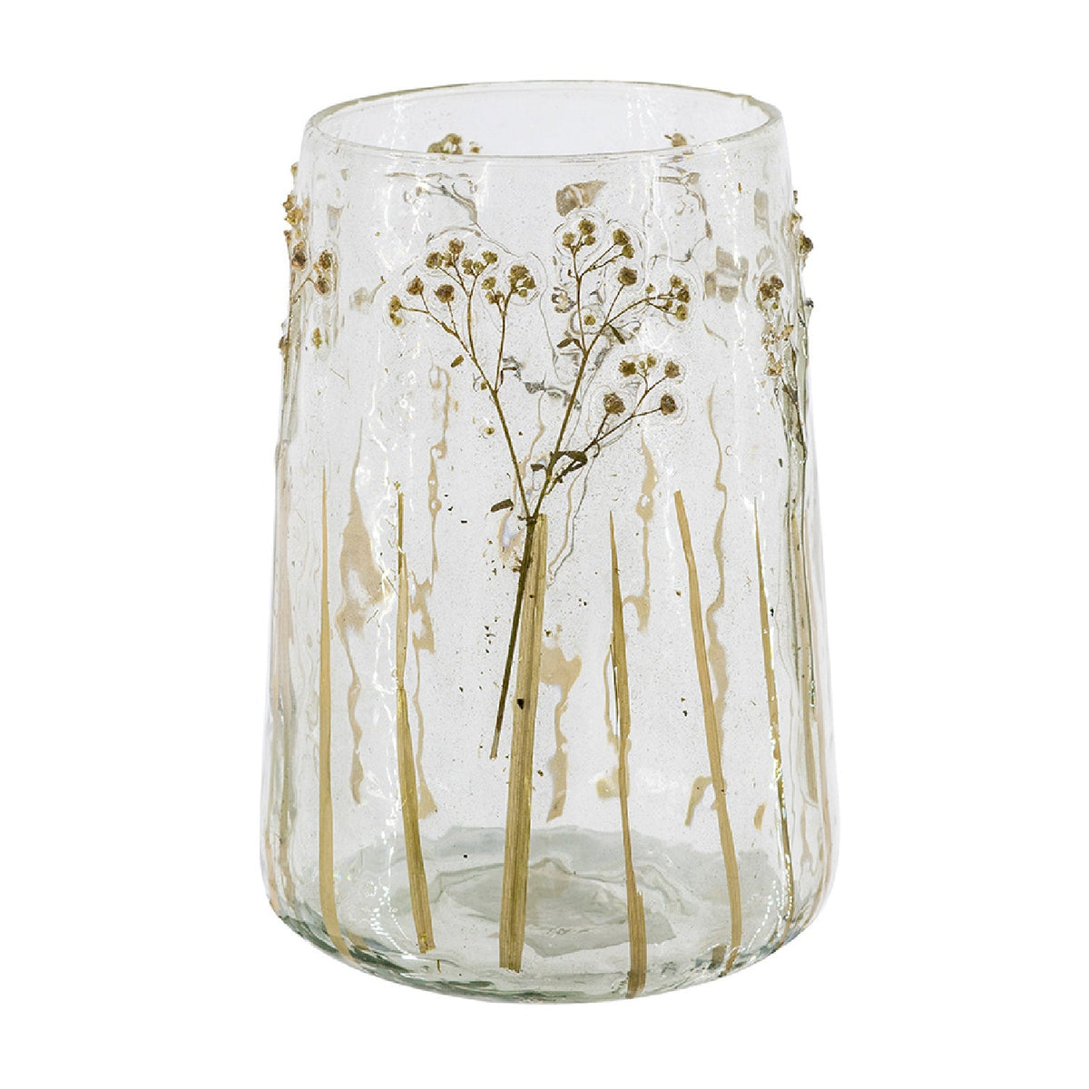 Transparent glasvas med botaniskt mönster och dekorativa ränder