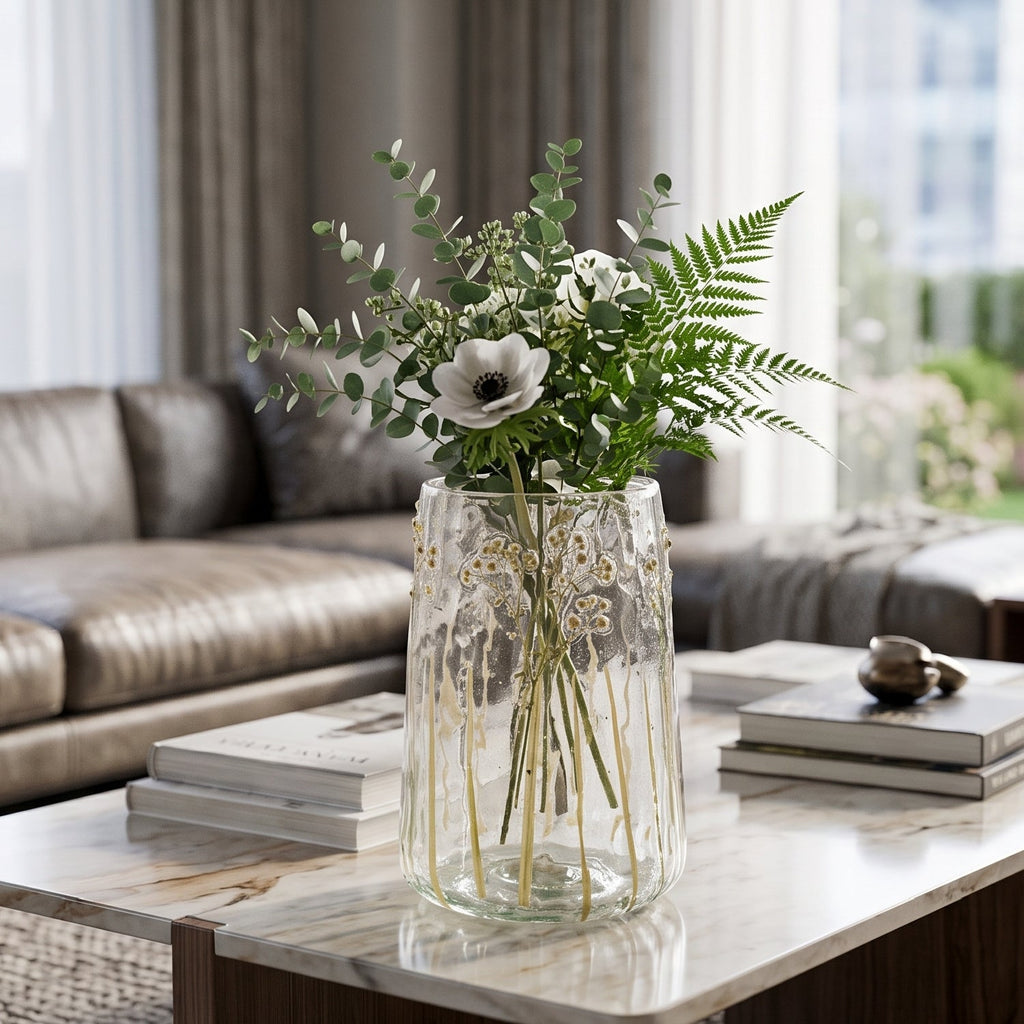 Transparent glasvas med botaniskt mönster och dekorativa ränder