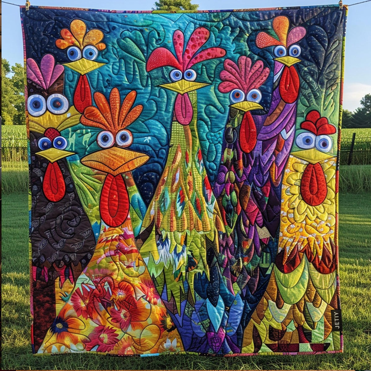 Quiltat täcke med färgglada kycklingmotiv och blå bakgrund