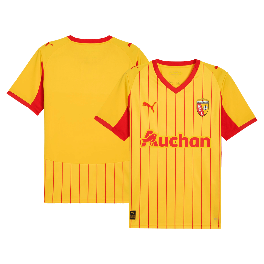Kortärmad RC Lens-fotbollströja med vertikala ränder och klubbemblem