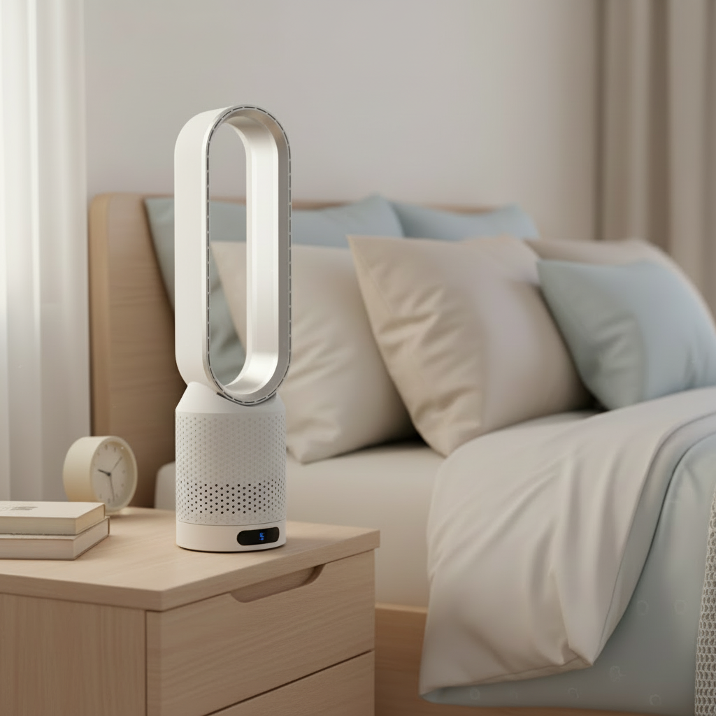 Bladlös luftkylare med oval luftöppning, perforerat hölje och digital display