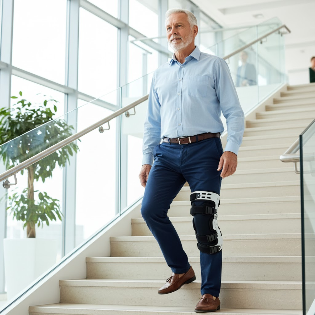 Svart och vit knäbandage med justerbara remmar och ledade sidostöd