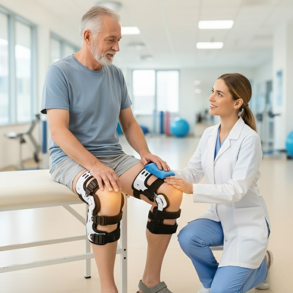 Svart och vit knäbandage med justerbara remmar och ledade sidostöd