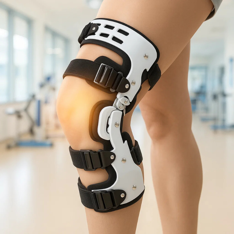 Svart och vit knäbandage med justerbara remmar och ledade sidostöd