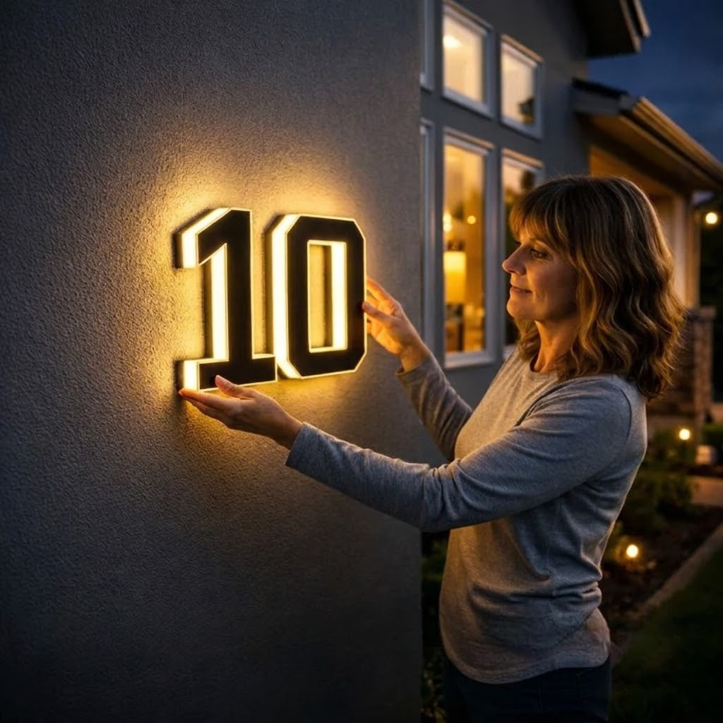 Svart belyst husnummer med varmvit belysning vid husentré