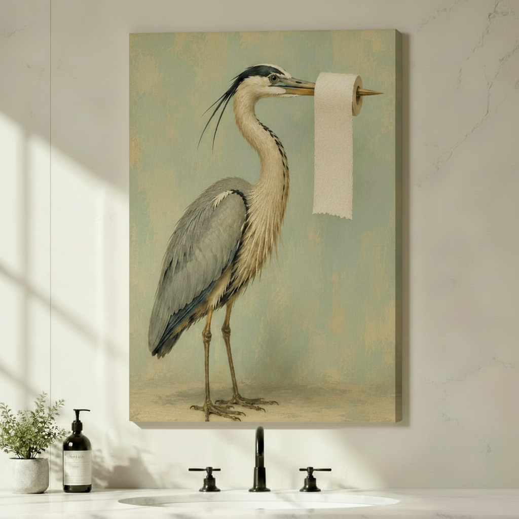 Canvastryck med vintageillustration av en häger som håller toalettpapper