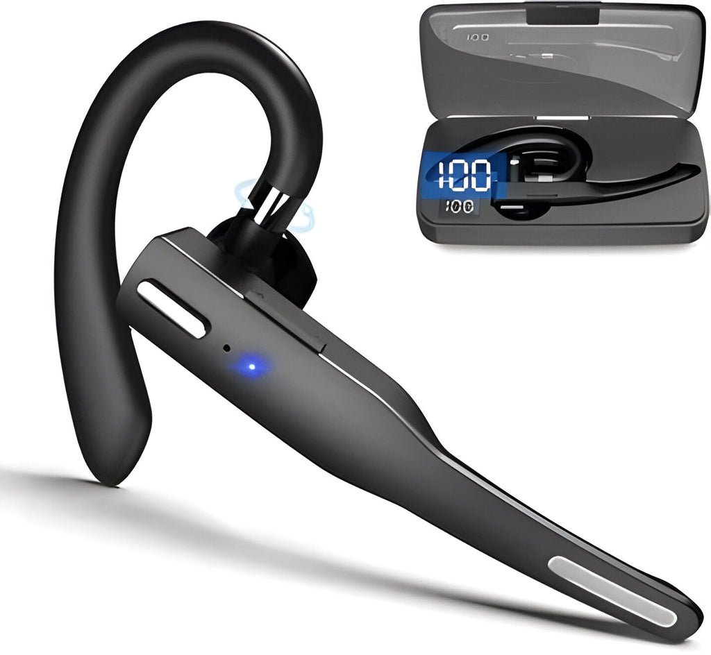 Svart trådlöst Bluetooth-headset med öronkrok och laddningsetui