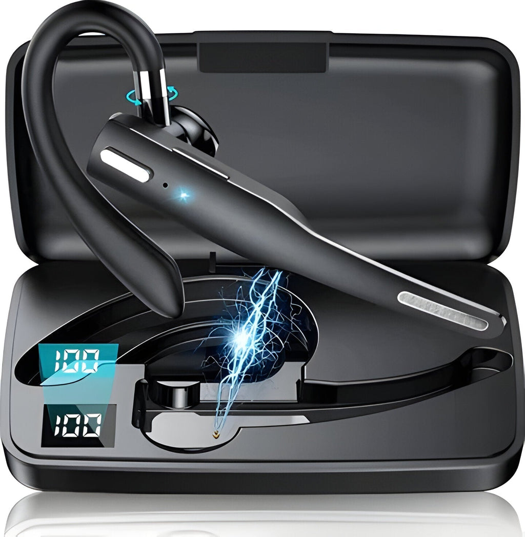 Svart trådlöst Bluetooth-headset med öronkrok och laddningsetui