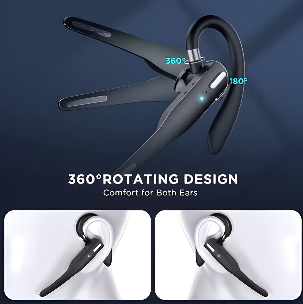 Svart trådlöst Bluetooth-headset med öronkrok och laddningsetui