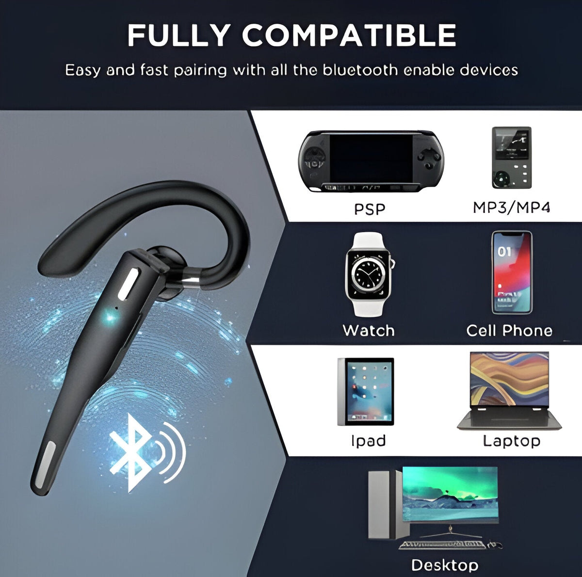 Svart trådlöst Bluetooth-headset med öronkrok och laddningsetui