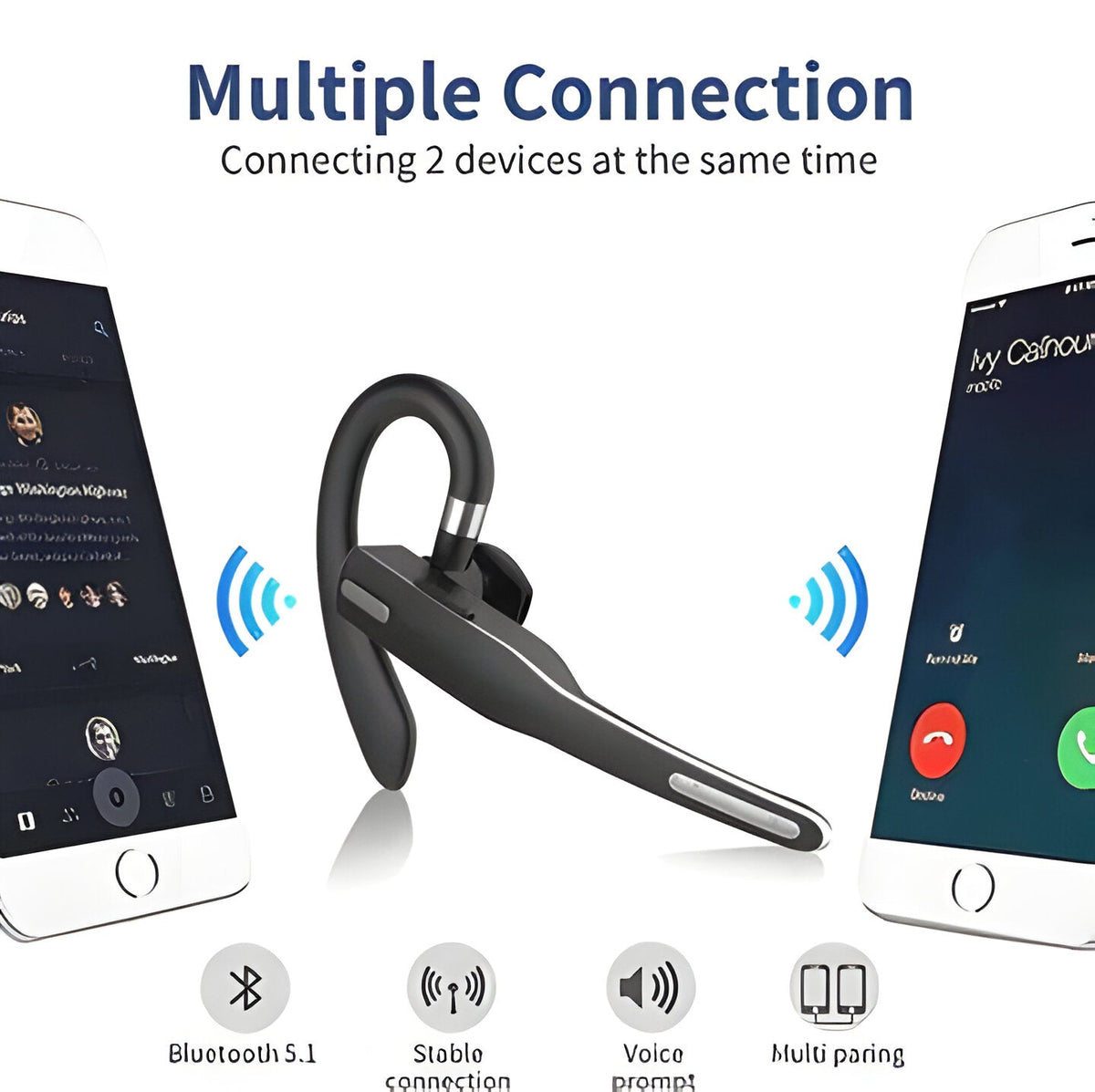 Svart trådlöst Bluetooth-headset med öronkrok och laddningsetui