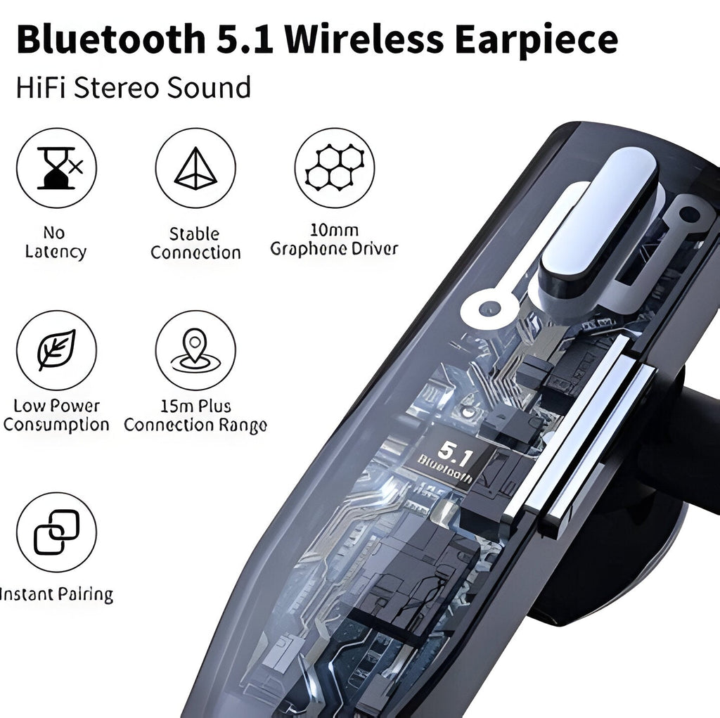 Svart trådlöst Bluetooth-headset med öronkrok och laddningsetui