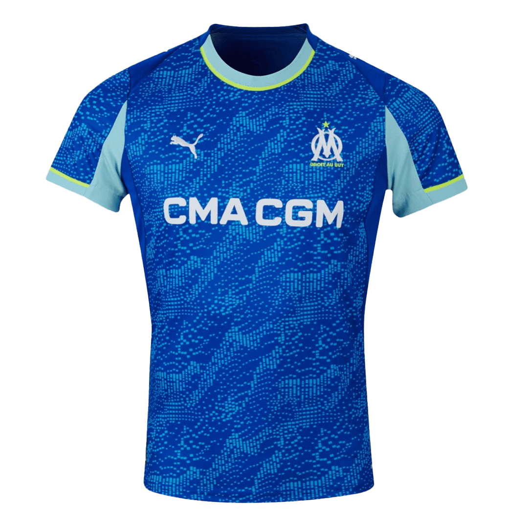 Blå Olympique de Marseille-fotbollströja med kort ärm och digitalt mönster