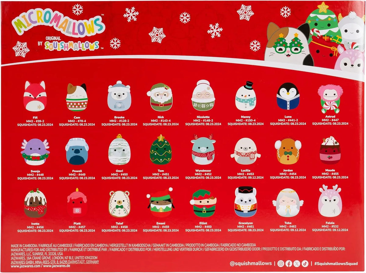 Blå adventskalender med 24 numrerade luckor och färgglada julmotiv