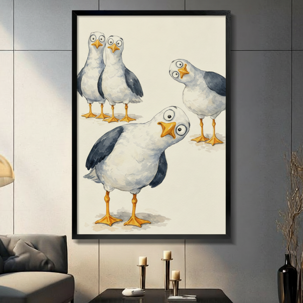 Canvasbild med akvarellmotiv av flera lekfulla måsar