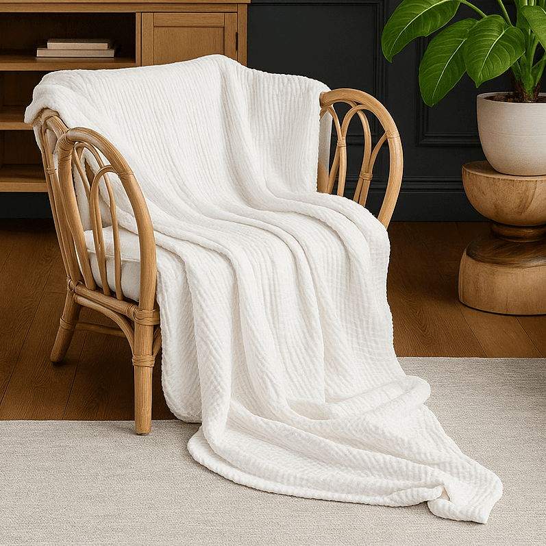 Filt med vågig struktur draperad över en fåtölj och på ett trägolv