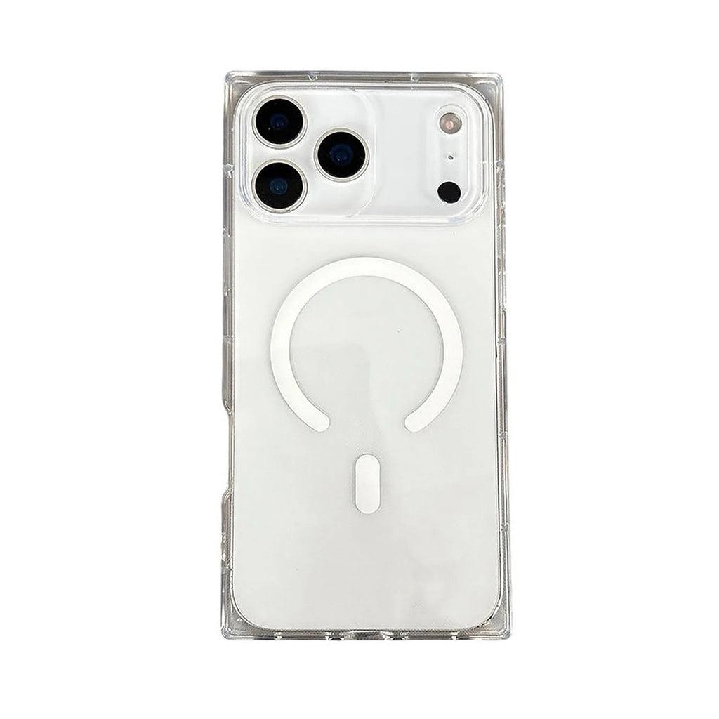 Transparent iPhone-skal med vit ringformad detalj och kameraöppningar