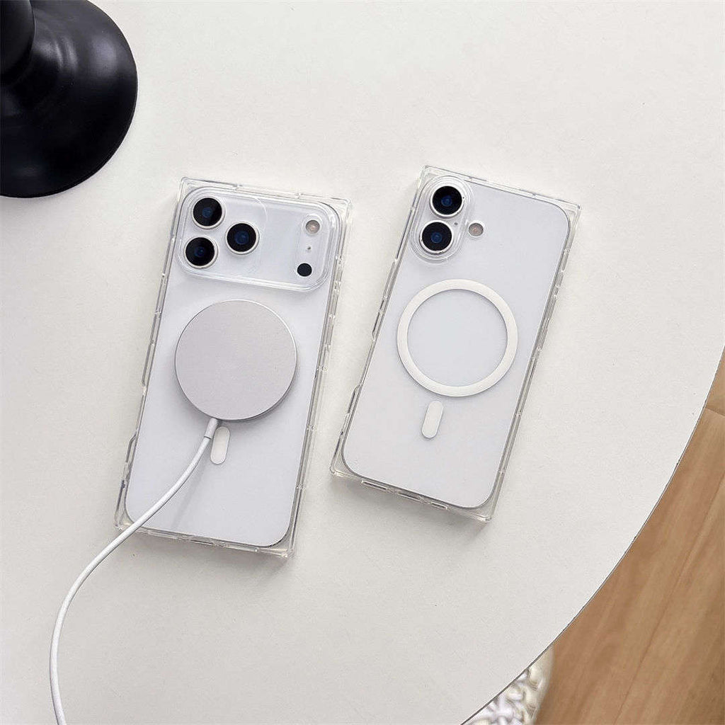 Transparent iPhone-skal med vit ringformad detalj och kameraöppningar