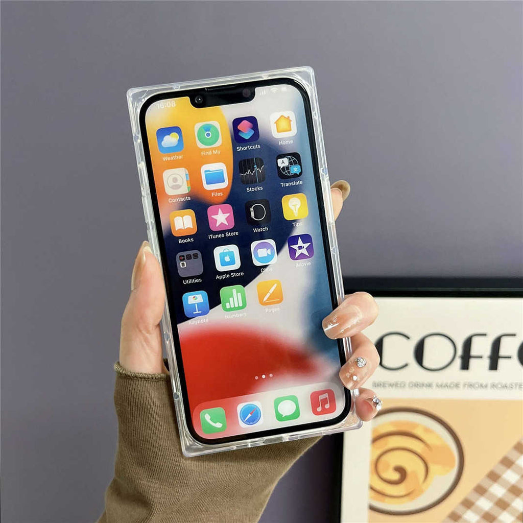 Transparent iPhone-skal med vit ringformad detalj och kameraöppningar