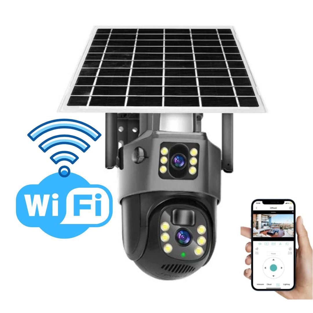 Grå och svart säkerhetskamera med dubbla objektiv, solpanel, antenner och väggfäste