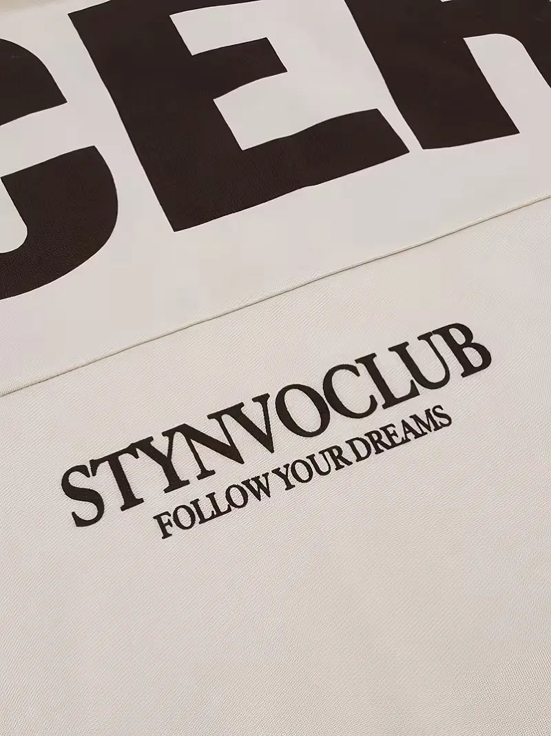Beige oversized långärmad tröja med stor mörk textdesign på rygg och ärmar