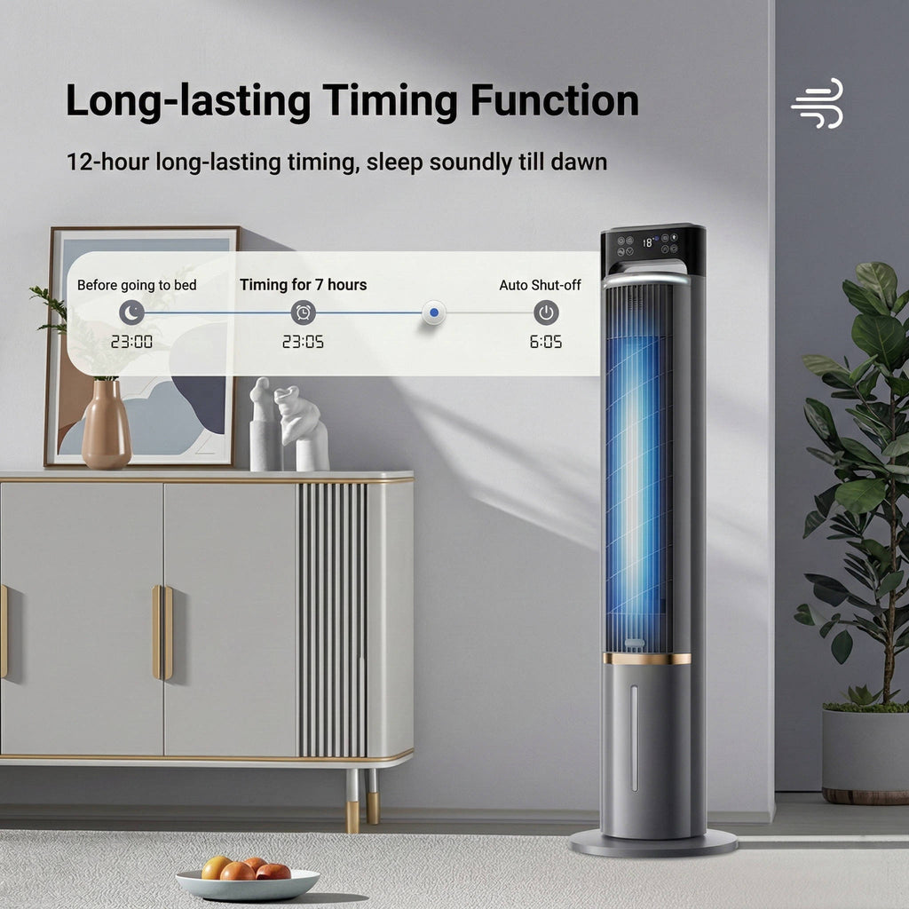 Hög grå golvfläkt med digital display och rund fot