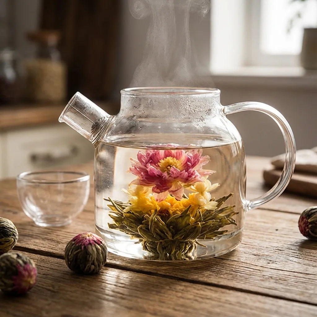 Presentask med 18 färgstarka blommande tebollar