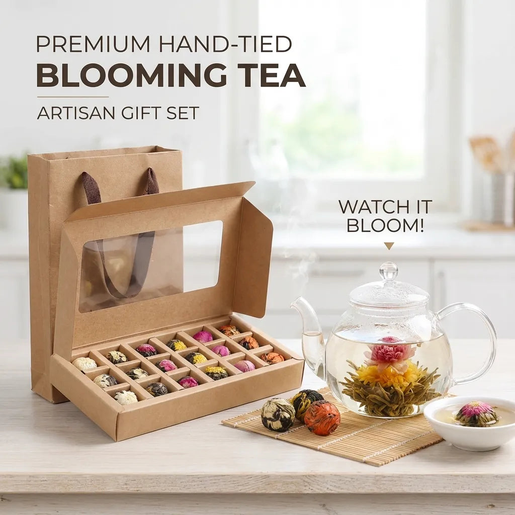 Presentask med 18 färgstarka blommande tebollar