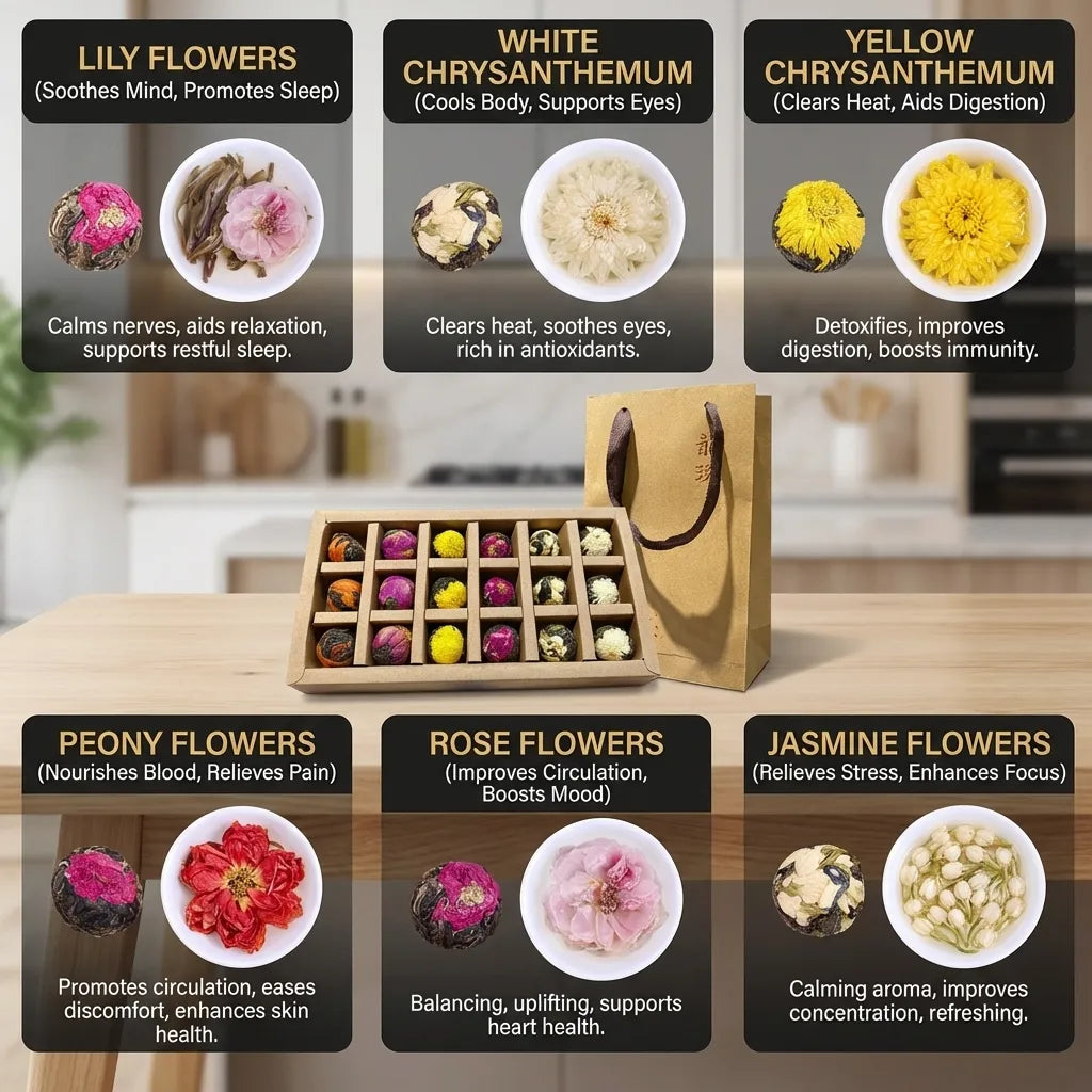 Presentask med 18 färgstarka blommande tebollar