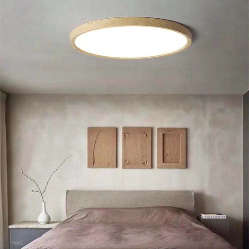 Rund taklampa med LED och ljus ram med träeffekt