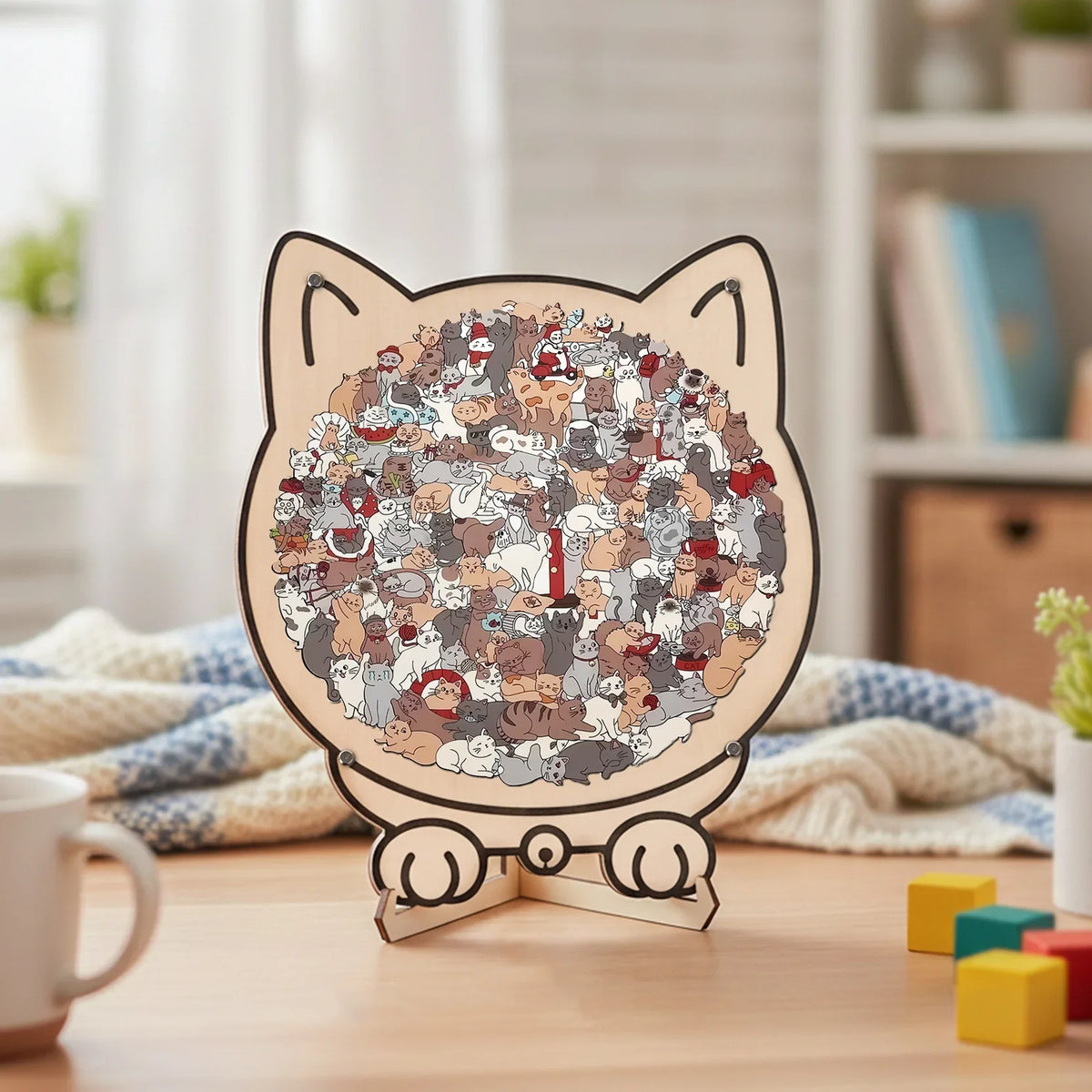 Träpussel med 135 kattmotiv och kattformad ram
