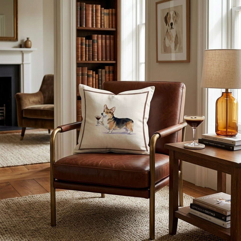 Beige dekorationskudde med illustrerad corgi och cocktailglas
