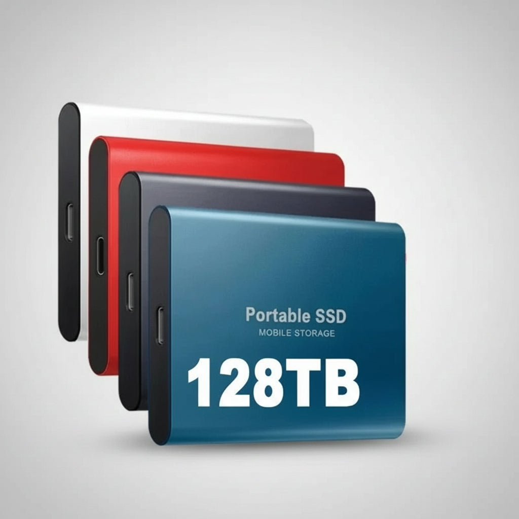 Bärbar extern SSD-enhet med USB-kabel och 128 TB märkning